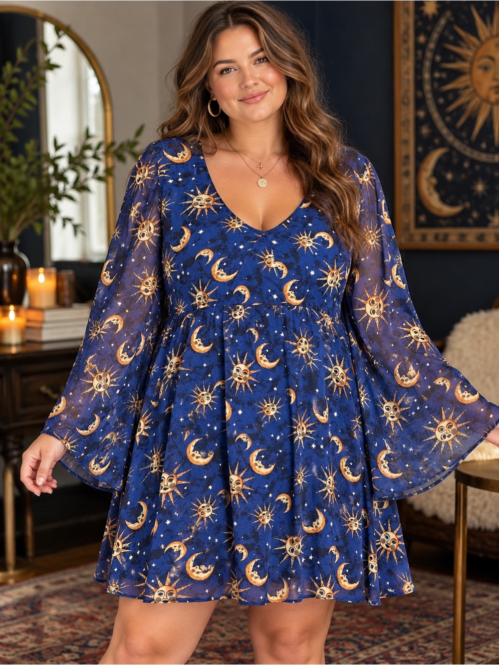 COSMIC AURA Celestial Sun Moon Mesh Bell Sleeve Dress Plus Size 3X Whimsigoth